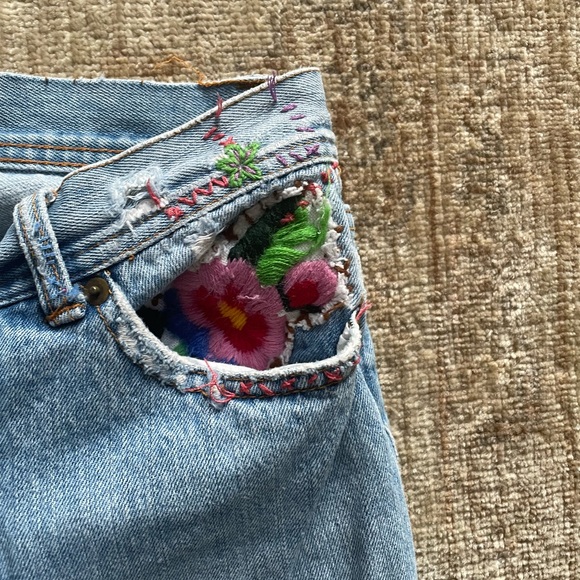 Free People Distressed Low Rise Straight Leg Embroidered Jeans, Size 26 - Picture 5 of 11